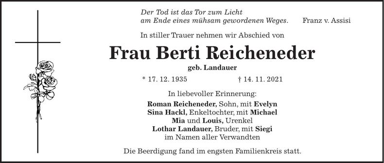 Traueranzeige Berti Reicheneder
