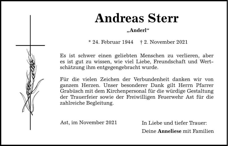 Traueranzeige Andreas Sterr