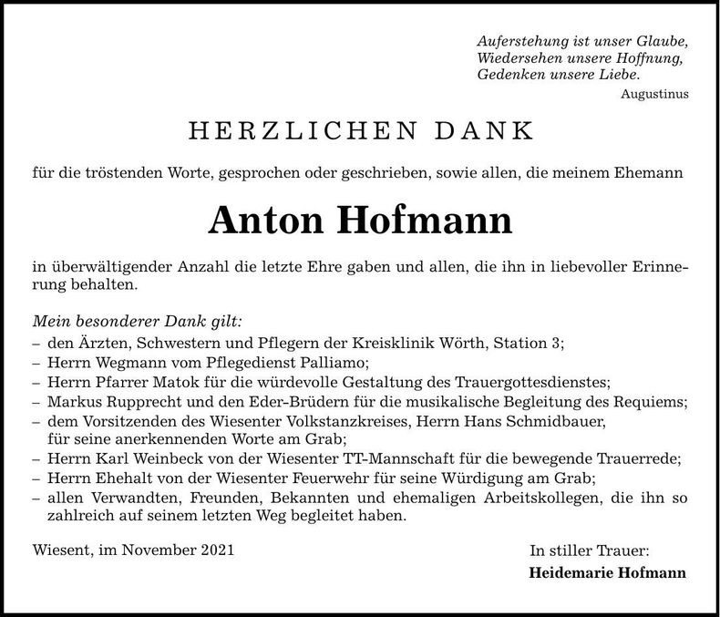 Traueranzeige Anton Hofmann