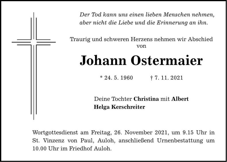 Traueranzeige Johann Ostermaier