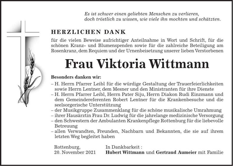 Traueranzeige Viktoria Wittmann