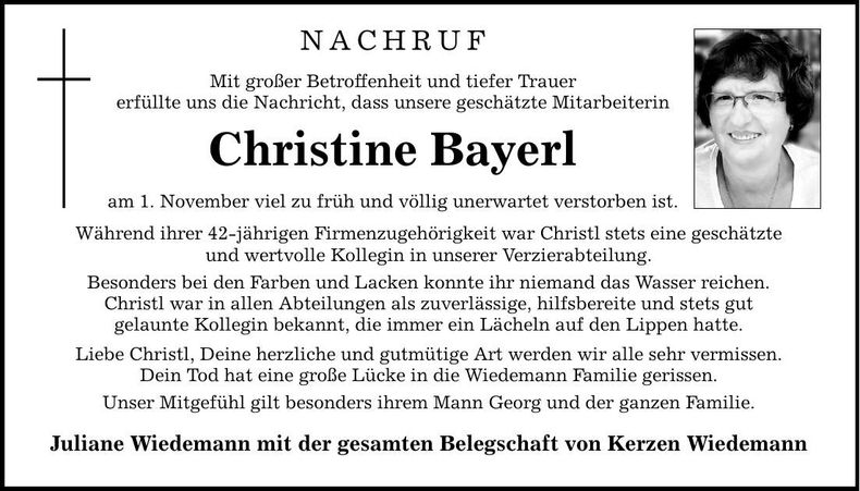 Traueranzeige Christine Bayerl