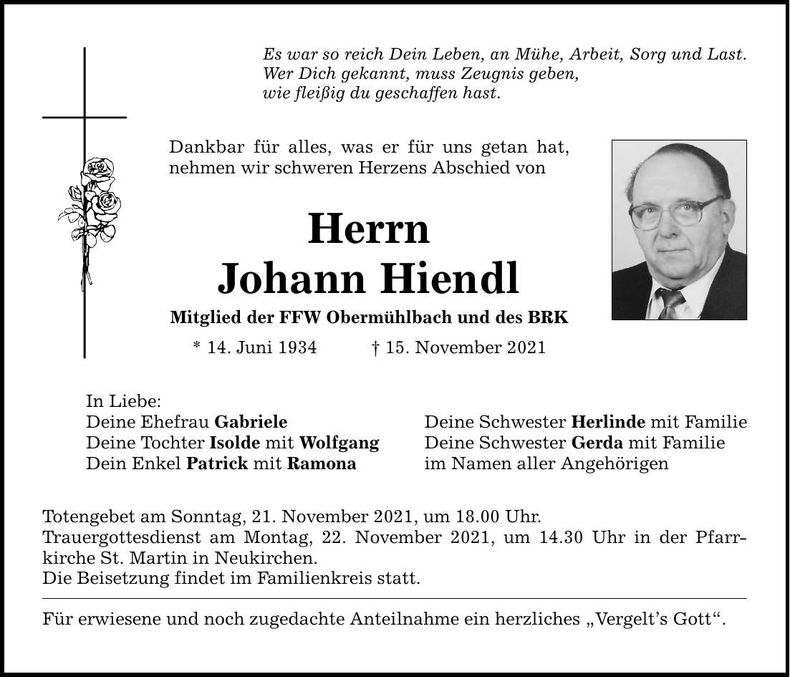 Traueranzeige Johann Hiendl