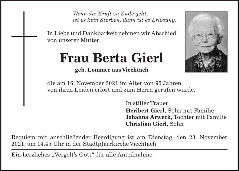 Traueranzeige Berta Gierl