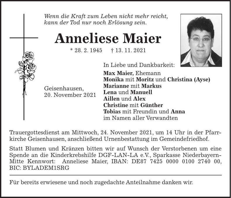 Traueranzeige Anneliese Maier