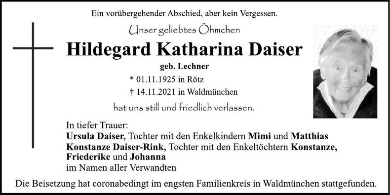 Traueranzeige Hildegard Daiser
