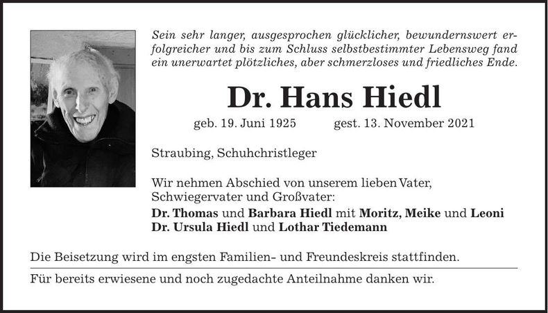 Traueranzeige Hans Dr. Hiedl