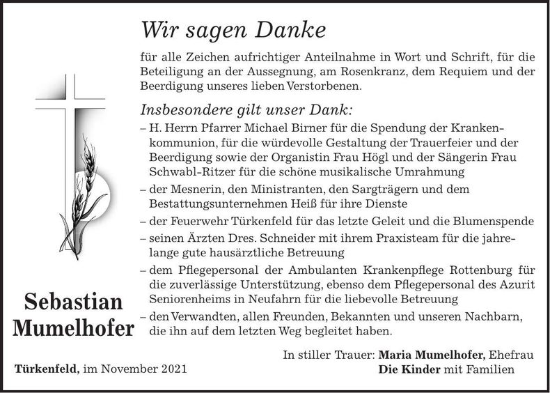 Traueranzeige Sebastian Mumelhofer