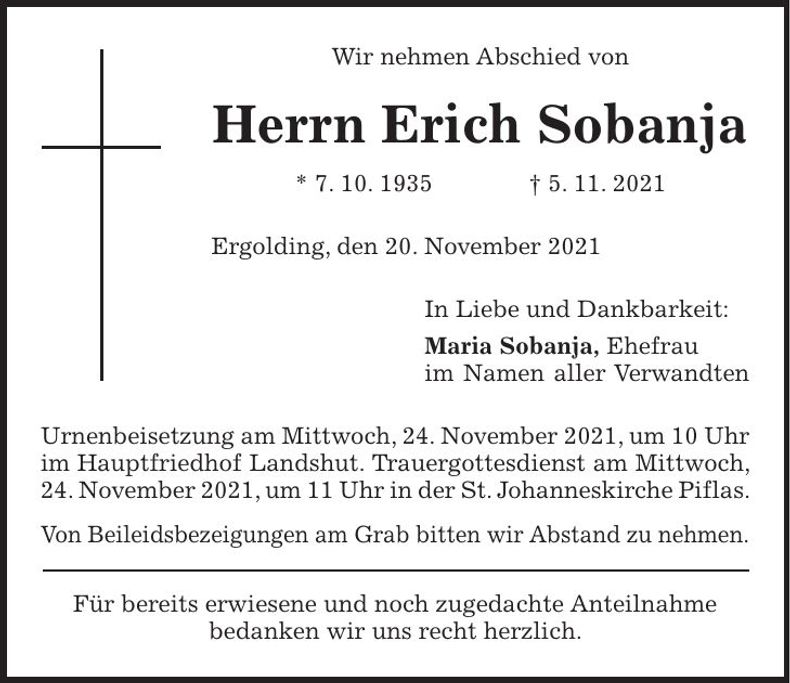 Traueranzeige Erich Sobanja