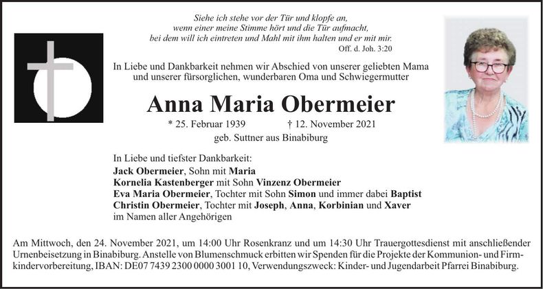 Traueranzeige Anna Maria Obermeier