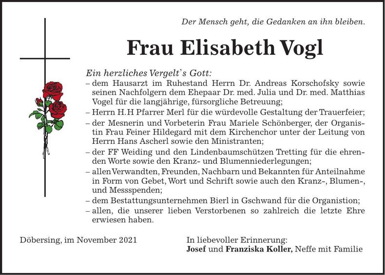 Traueranzeige Elisabeth Vogl