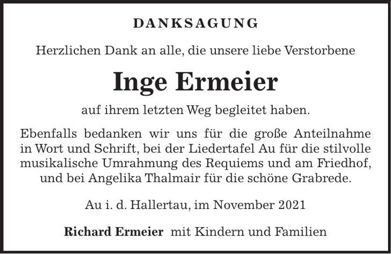 Traueranzeige Inge Ermeier