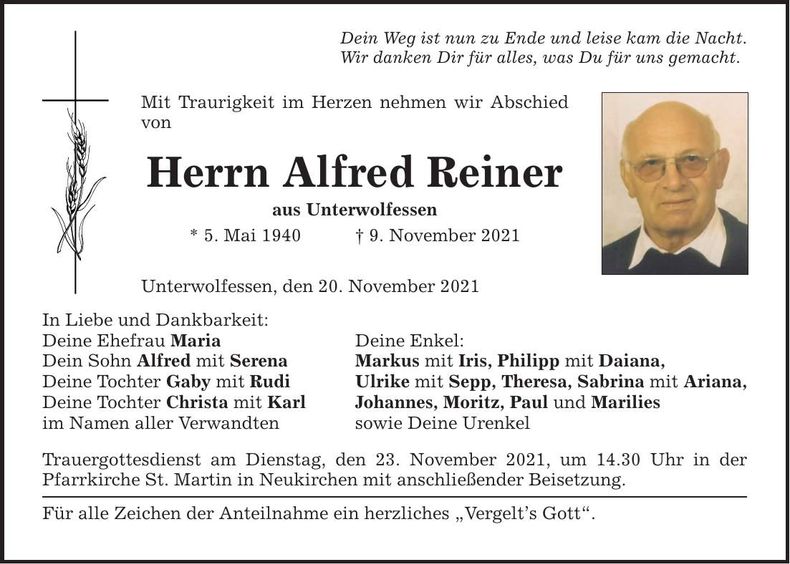 Traueranzeige Reiner Alfred