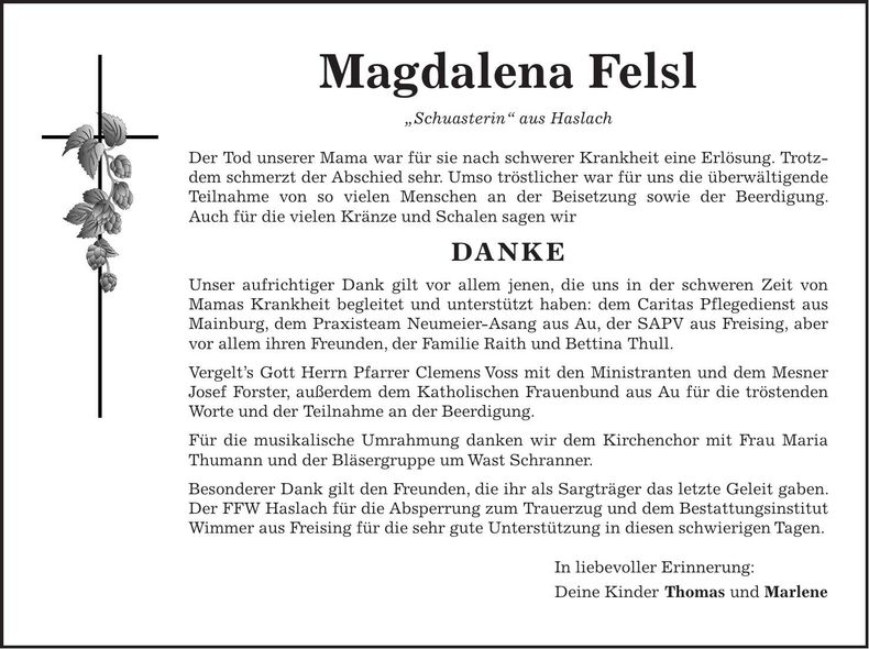 Traueranzeige Magdalena Felsl
