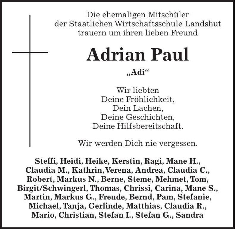 Traueranzeige Adrian Paul