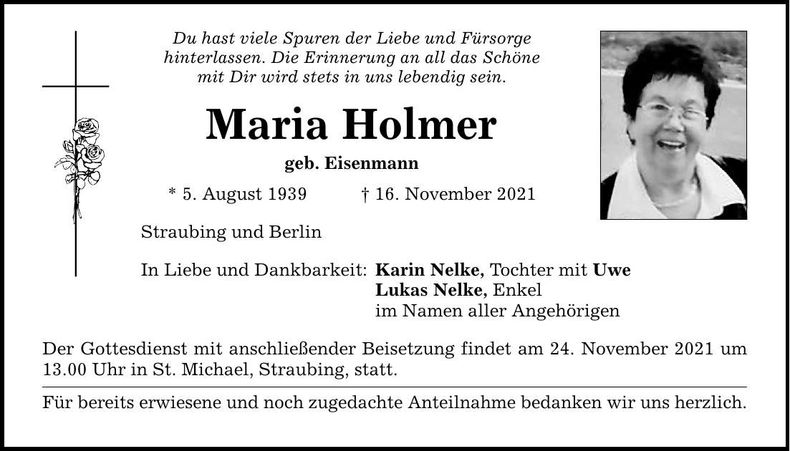 Traueranzeige Maria Holmer