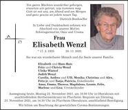 Traueranzeige Elisabeth Wenzl