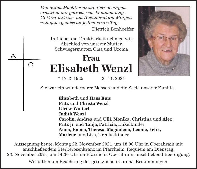 Traueranzeige Elisabeth Wenzl