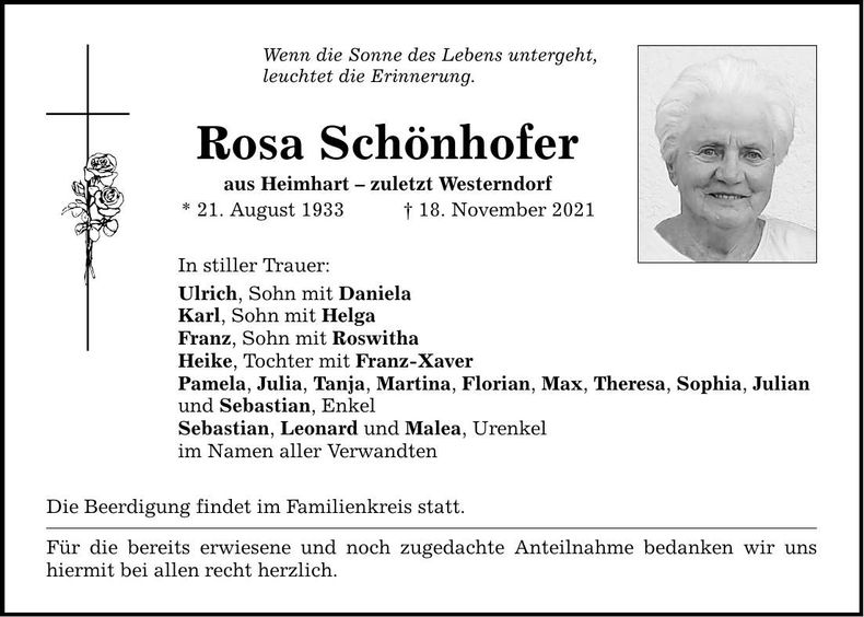 Traueranzeige Rosa Schönhofer