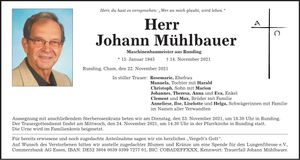 Traueranzeige Johann Mühlbauer