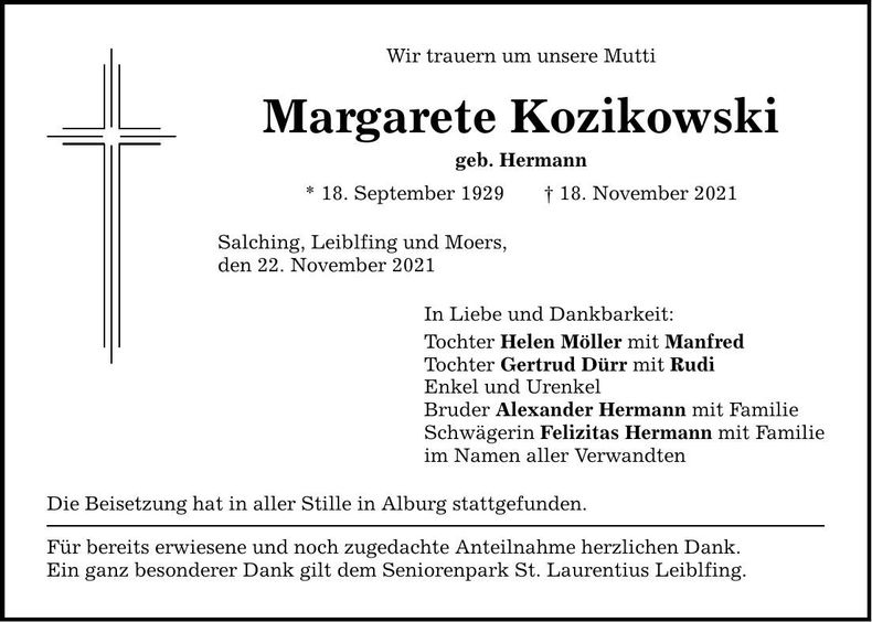 Traueranzeige Margarete Kozikowski