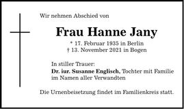 Traueranzeige Hannelore Jany