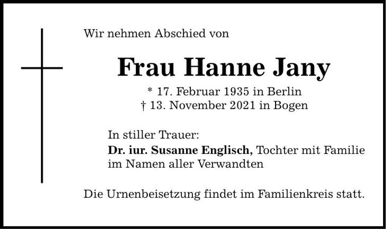 Traueranzeige Hannelore Jany