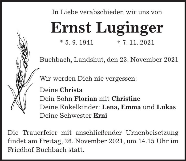 Traueranzeige Ernst Luginger