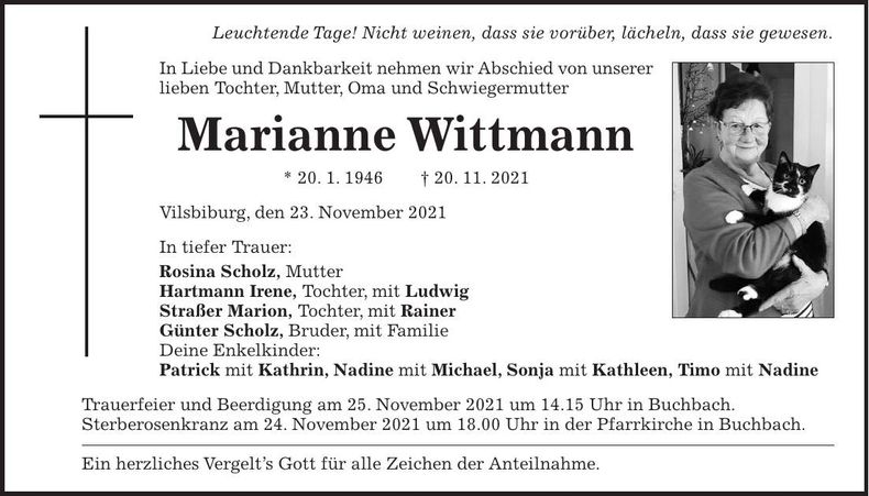 Traueranzeige Marianne Wittmann