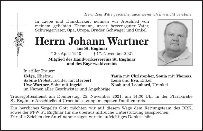 Traueranzeige Wartner Johann