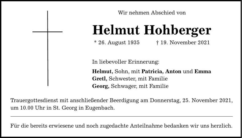 Traueranzeige Helmut Hohberger
