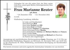 Traueranzeige Marianne Reuter