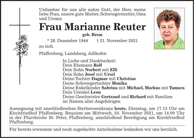 Traueranzeige Marianne Reuter