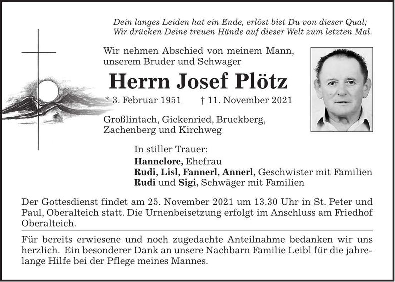 Traueranzeige Jossef Plötz