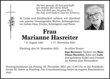 Traueranzeige Marianne Hasreiter