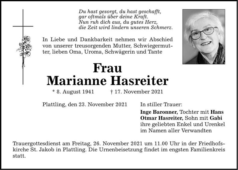 Traueranzeige Marianne Hasreiter