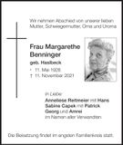Traueranzeige Margarethe Benninger