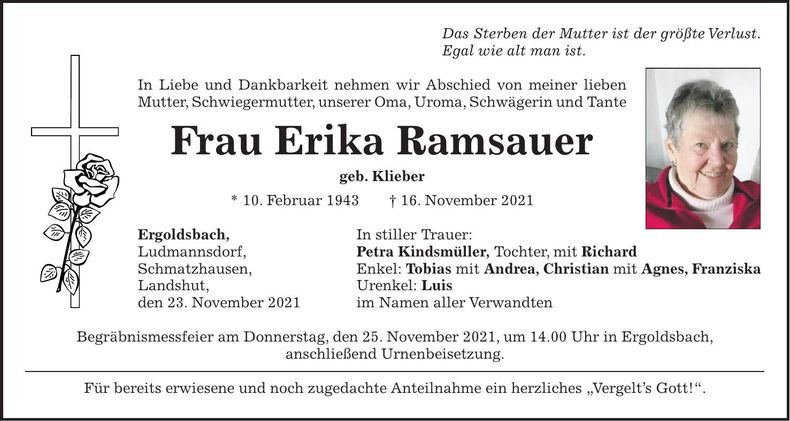 Traueranzeige Erika Ramsauer