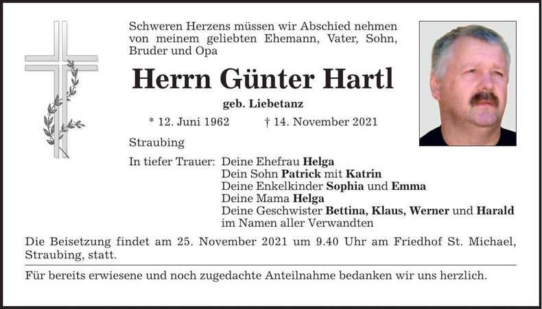 Traueranzeige Günter Hartl