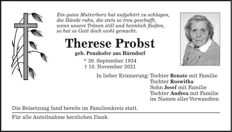 Traueranzeige Therese Probst