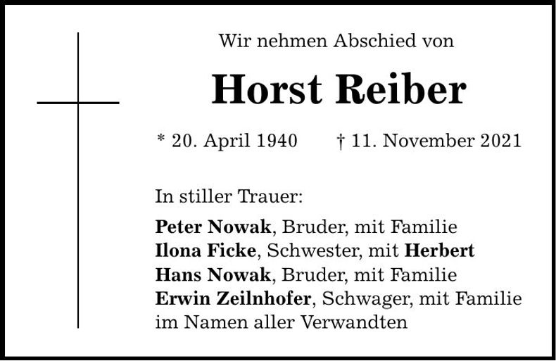Traueranzeige Horst Reiber