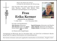 Traueranzeige Erika Kermer