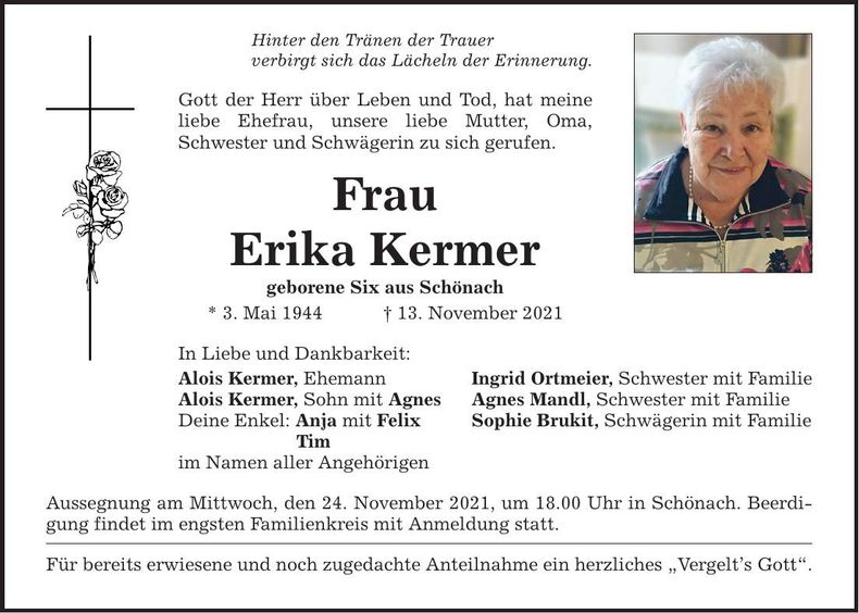 Traueranzeige Erika Kermer