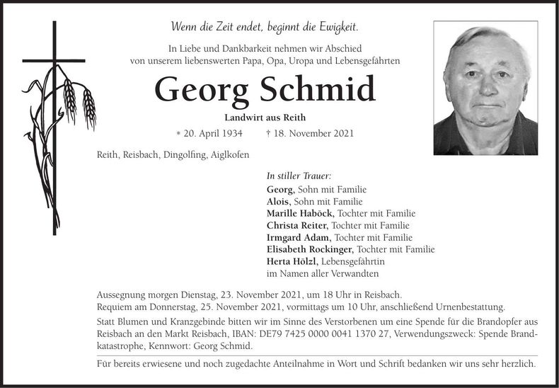 Traueranzeige Georg Schmid