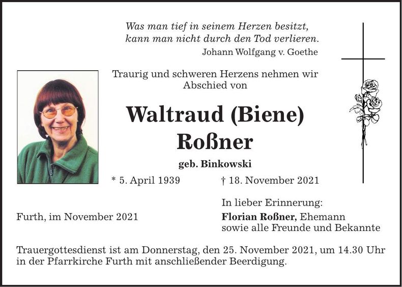 Traueranzeige Waltraud Roßner