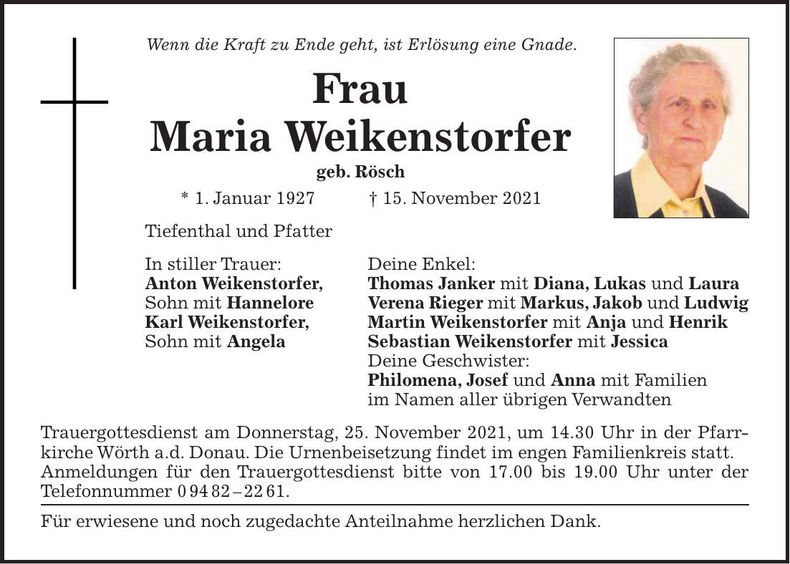 Traueranzeige Maria Weikenstorfer