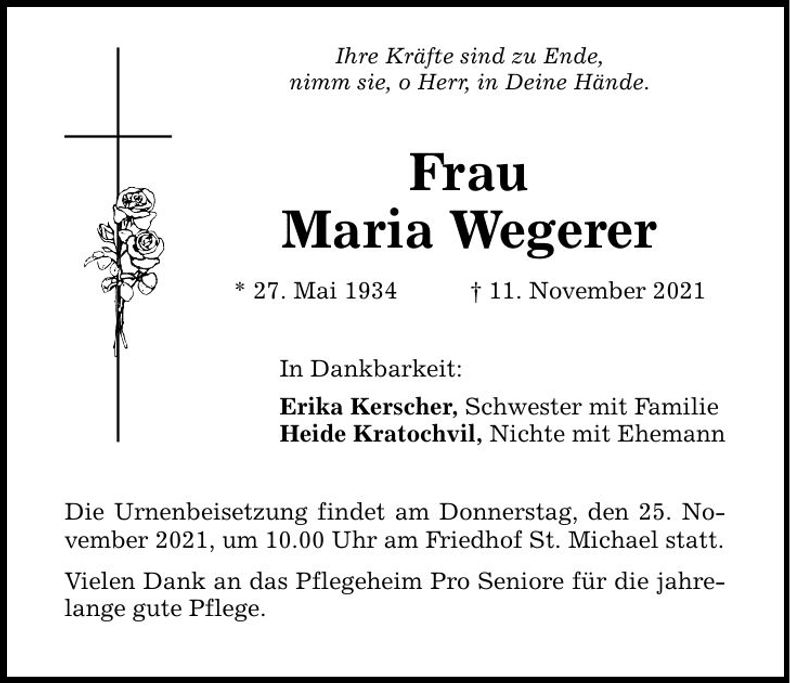 Traueranzeige Maria Wegerer