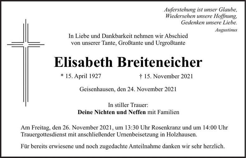 Traueranzeige Elisabeth Breiteneicher