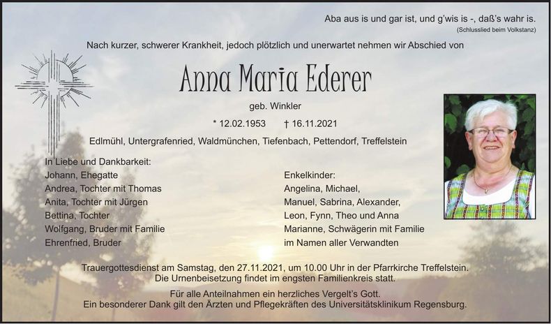 Traueranzeige Anna Maria Ederer