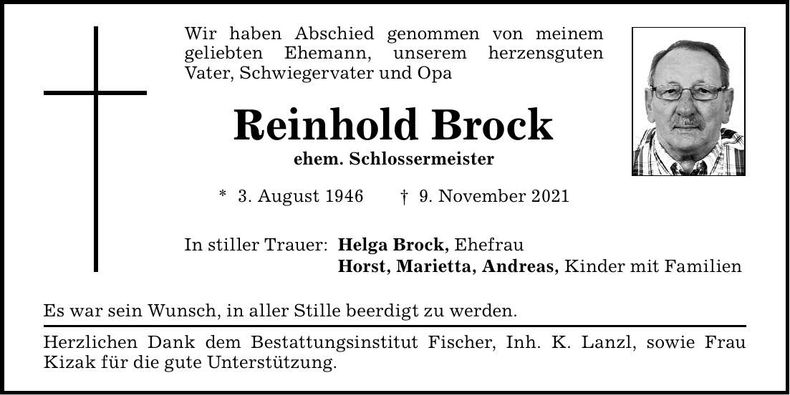Traueranzeige Reinhold Brock